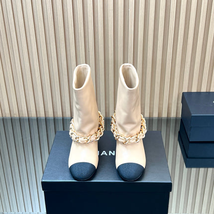 CHANEL 25S LOW BOOTS 65MM IN BEIGE CALFSKIN GOLD HARDWARE