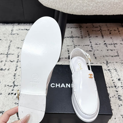 CHANEL 26S SLINGBACK LOAFERS IN WHITE PATENT CALFSKIN WITH CC LOGO