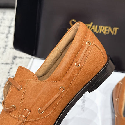 YSL 26S LOAFERS IN CAMEL BROWN CALFSKIN WITH HORIZONTAL STRAP