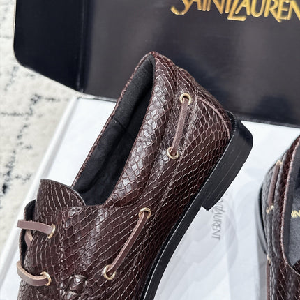 YSL 26S LOAFERS IN DARK BROWN CALFSKIN WITH SNAKESKIN EMBOSSING
