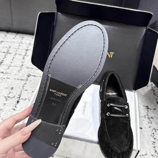 YSL 26S LOAFERS IN BLACK SUEDE WITH HORIZONTAL STRAP