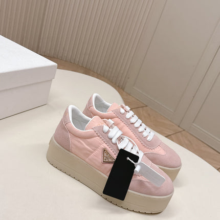 PRADA 26S PLATFORM SNEAKERS 50MM IN BLUSH PINK NYLON AND SUEDE
