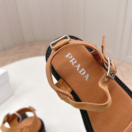 PRADA 26S SINGLE STRAP CHUNKY SOLE SANDALS IN CARAMEL BROWN CANVAS