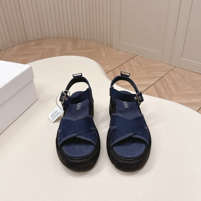 PRADA 26S CROSS STRAP CHUNKY SOLE SANDALS IN NAVY BLUE CANVAS