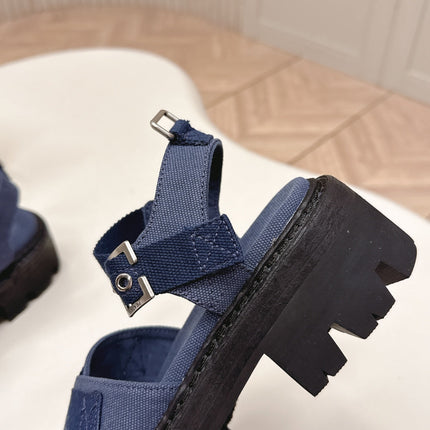 PRADA 26S CROSS STRAP CHUNKY SOLE SANDALS IN NAVY BLUE CANVAS