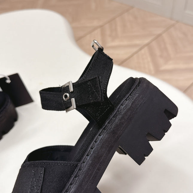 PRADA 26S CROSS STRAP CHUNKY SOLE SANDALS IN BLACK CANVAS