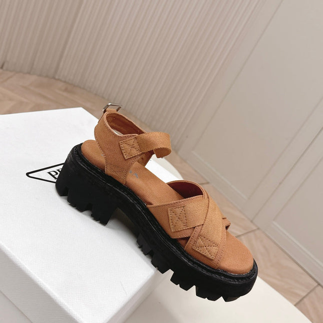 PRADA 26S CROSS STRAP CHUNKY SOLE SANDALS IN CARAMEL BROWN CANVAS