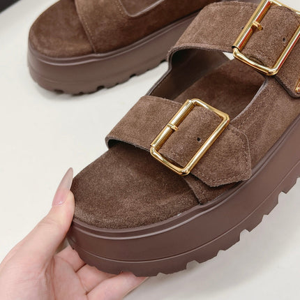 PRADA 26S DOUBLE STRAP PLATFORM SLIDES SANDALS IN BROWN SUEDE