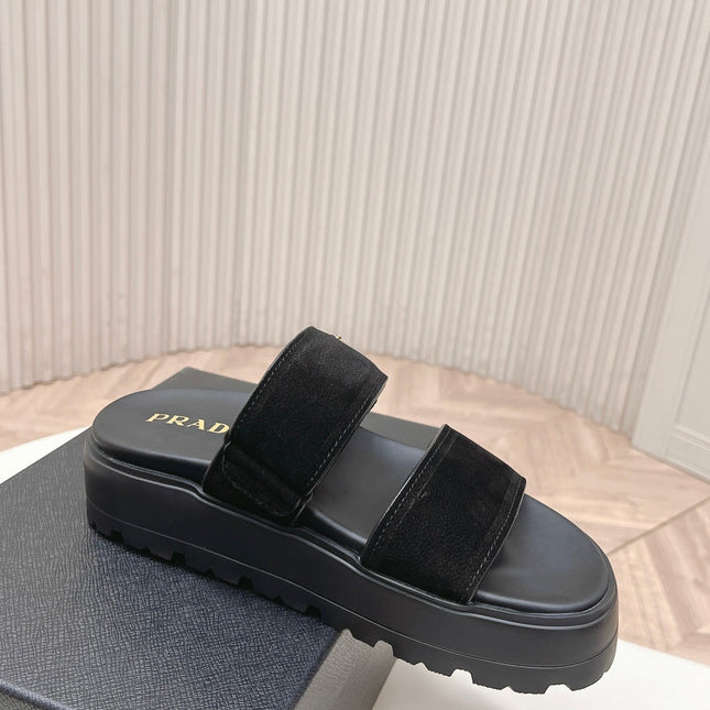 PRADA 26S DOUBLE STRAP PLATFORM SLIDES IN BLACK CALFSKIN WITH VELCRO