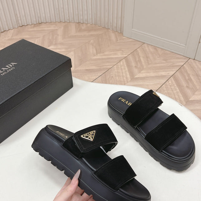 PRADA 26S DOUBLE STRAP PLATFORM SLIDES IN BLACK CALFSKIN WITH VELCRO
