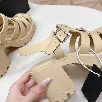 PRADA 26S CAGED PLATFORM HEEL SANDALS IN BEIGE CALFSKIN