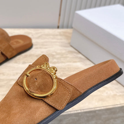 DIOR 26S BUCKLE MULE LOAFERS IN CARAMEL BROWN SUEDE GOLD HARDWARE