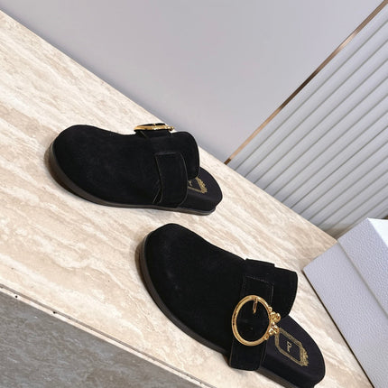 DIOR 26S BUCKLE MULE LOAFERS IN BLACK SUEDE GOLD HARDWARE