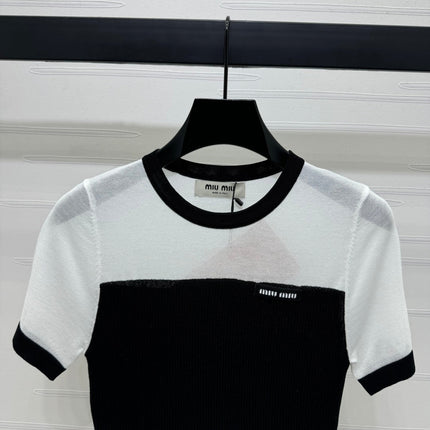 MIUMIU CREW NECK SHORT-SLEEVE SHEER KNIT TOP 274813