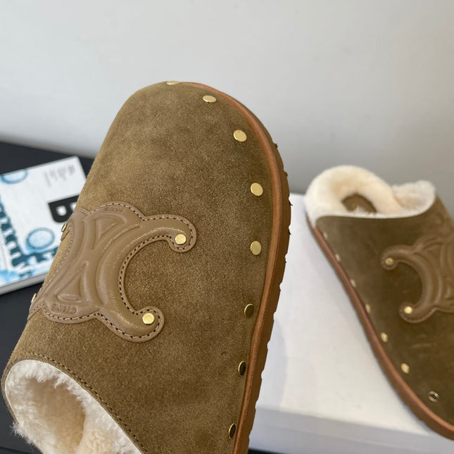 CELINE 26S FUR-LINED MULES IN OLIVE GREEN SUEDE