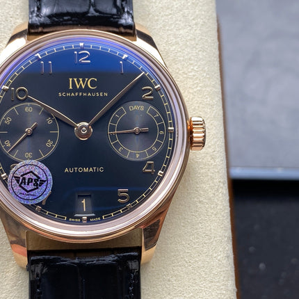 PORTUGIESER AUTOMATIC 42 WATCH ROSE GOLD CASE WITH BLACK DIAL AND LEATHER STRAP
