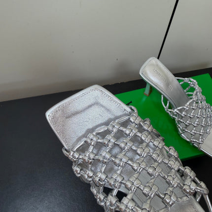 BOTTEGA VENETA 26S WOVEN STRAP HIGH-HEEL SANDALS 85 MM IN SILVER LAMBSKIN