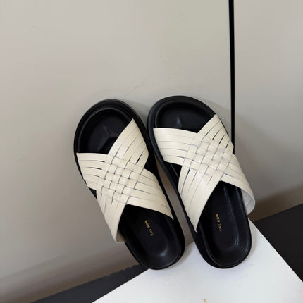THE ROW 26S CROSS STRAP SANDALS IN IVORY WHITE CALFSKIN