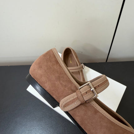 THE ROW 26S MARY JANE BALLET FLATS IN BROWN SUEDE WITH SILVER HARDWARE