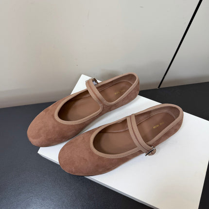 THE ROW 26S MARY JANE BALLET FLATS IN BROWN SUEDE WITH SILVER HARDWARE