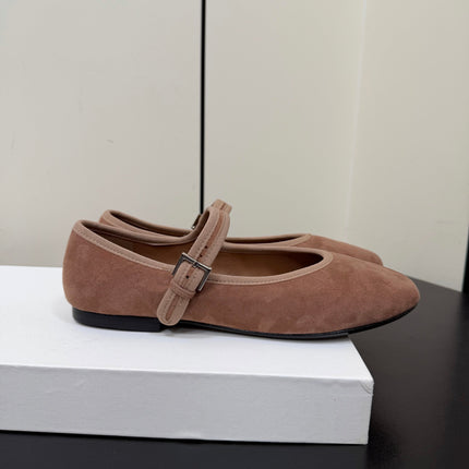 THE ROW 26S MARY JANE BALLET FLATS IN BROWN SUEDE WITH SILVER HARDWARE