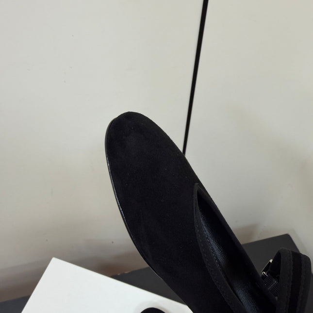 THE ROW 26S MARY JANE BALLET FLATS IN BLACK SUEDE WITH SILVER HARDWARE