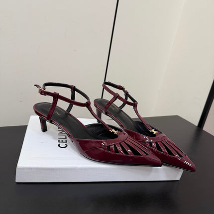 CELINE 26S TRIOMPHE T-STRAP SLINGBACK PUMPS IN BURGUNDY RED PATENT CALFSKIN