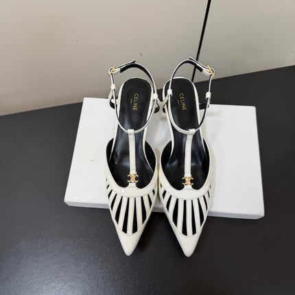 CELINE 26S TRIOMPHE T-STRAP SLINGBACK PUMPS IN WHITE PATENT CALFSKIN