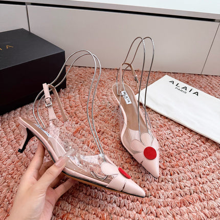 ALAIA 26S POINTED-TOE SLINGBACK HEELS IN NUDE PINK LAMBSKIN AND TRANSPARENT PVC