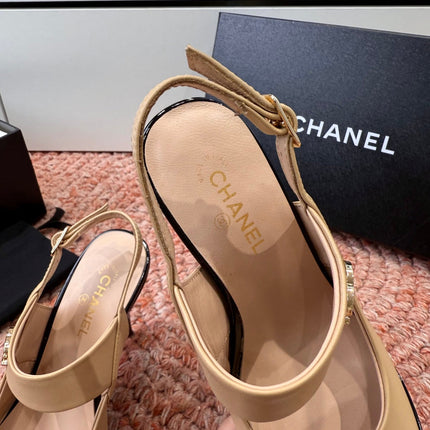CHANEL 26S SQUARE TOE HIGH HEELS SLINGBACKS IN BEIGE LAMBSKIN WITH BLACK TOE
