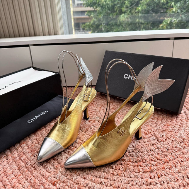 CHANEL 26S POINTED TOE HIGH HEEL SLINGBACKS IN GOLD MIX SILVER LAMBSKIN WITH FLORAL APPLIQUE