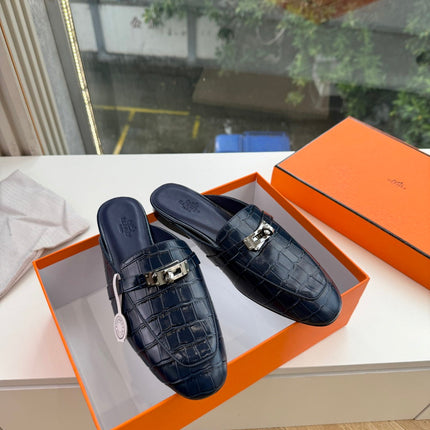 HM 26S DESTIN MULES IN NAVY BLUE CROCODILE-EFFECT LEATHER