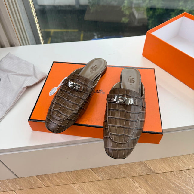 HM 26S DESTIN MULES IN DARK BROWN CROCODILE-EFFECT LEATHER