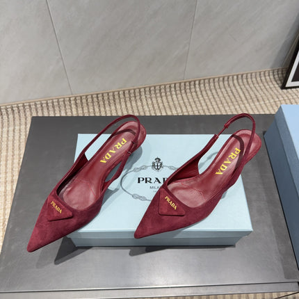 PRADA 26S POINTED TOE SLINGBACK HIGH HEELS 55MM IN DARK RED SUEDE WITH LOGO