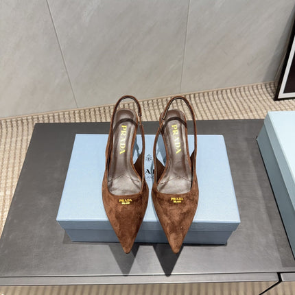 PRADA 26S POINTED TOE SLINGBACK HIGH HEELS 55MM IN BROWN SUEDE