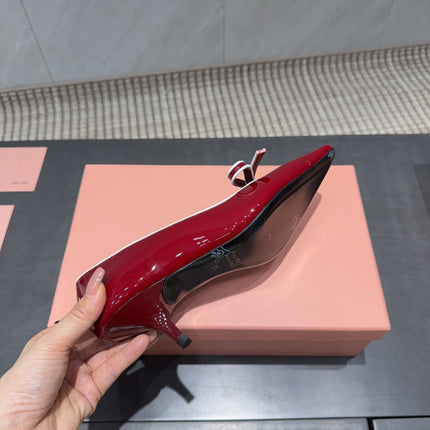 MIUMIU 26S POINTED TOE PUMPS 55MM IN DARK RED CALFSKIN WITH BOW