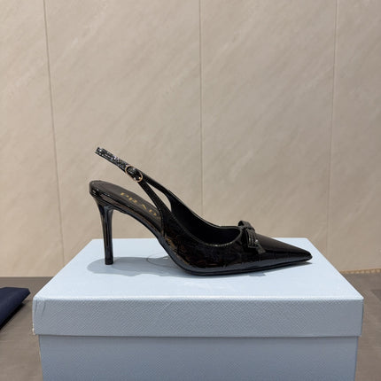 PRADA 26S POINTED TOE SLINGBACK HIGH HEELS 85MM IN BLACK CALFSKIN WITH BOW