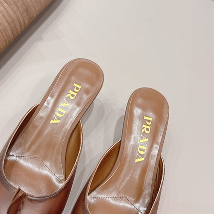 PRADA 26S POINTED TOE LACE TRIM MULES 55MM IN CARAMEL BROWN CALFSKIN