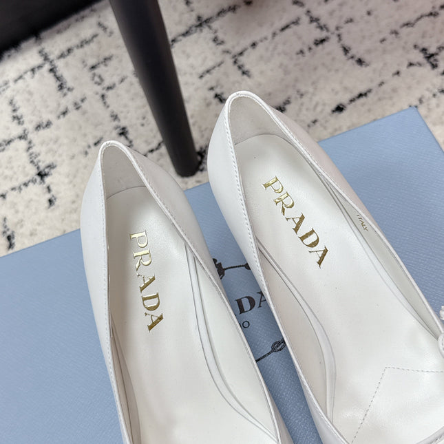 PRADA 26S POINTED-TOE HIGH HEELS 75MM IN WHITE CALFSKIN