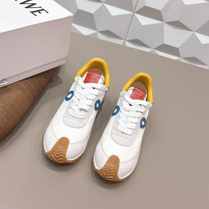 LOEWE 26S FLOW RUNNER SNEAKER IN LIGHT GRAY SUEDE YELLOW AND BLUE CALFSKIN