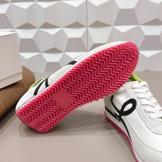 LOEWE 26S FLOW RUNNER SNEAKER IN LIGHT GRAY SUEDE AND LIME YELLOW AND BLACK CALFSKIN