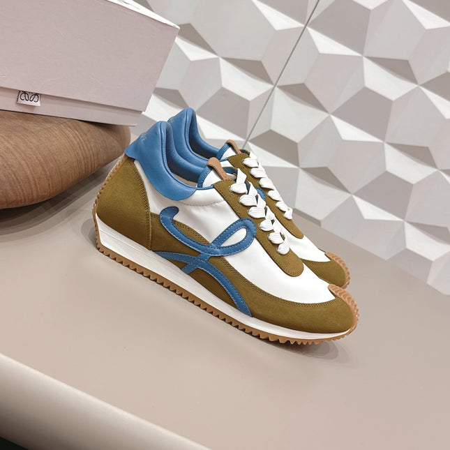 LOEWE 26S FLOW RUNNER SNEAKER IN OLIVE BROWN AND WHITE SUEDE AND BLUE CALFSKIN