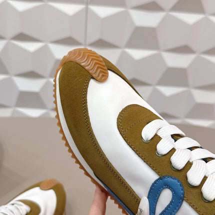 LOEWE 26S FLOW RUNNER SNEAKER IN OLIVE BROWN AND WHITE SUEDE AND BLUE CALFSKIN