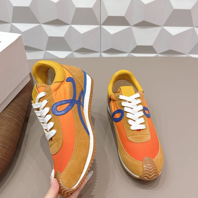 LOEWE 26S FLOW RUNNER SNEAKER IN CARAMEL BROWN SUEDE AND GOLDEN YELLOW CALFSKIN