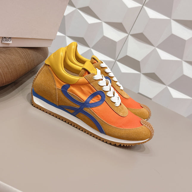 LOEWE 26S FLOW RUNNER SNEAKER IN CARAMEL BROWN SUEDE AND GOLDEN YELLOW CALFSKIN