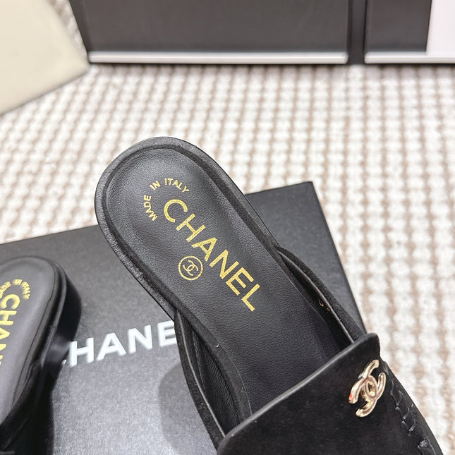 CHANEL 26S LOAFER MULES IN BLACK SUEDE