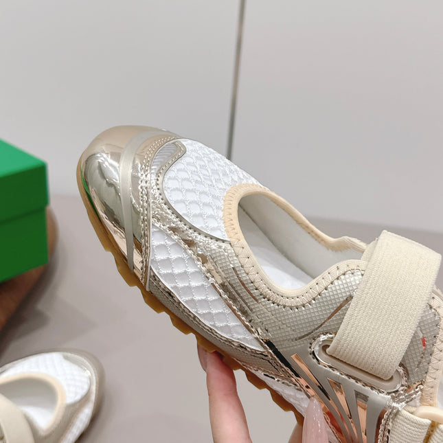 BOTTEGA VENETA 26S ORBIT FLASH MARY JANE IN BEIGE AND WHITE BREATHABLE MESH