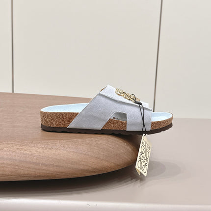 LOEWE 26S FLAT SANDALS IN LIGHT BLUE LOGO GOLD HARDWARE