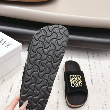 LOEWE 26S FLAT SANDALS IN BLACK LOGO GOLD HARDWARE