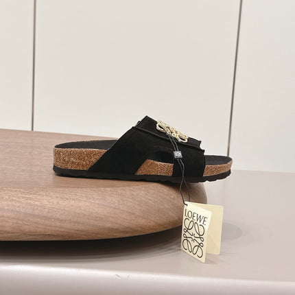 LOEWE 26S FLAT SANDALS IN BLACK LOGO GOLD HARDWARE